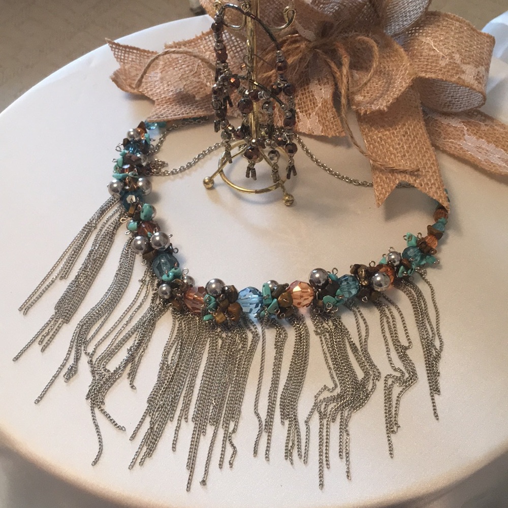 💐Turquoise Beads and Chains Necklace and Earrings